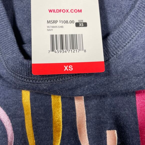 Wildfox NWT Navy Statement “Social” Sweatshirt Side Slits Drop Shoulder Size XS - Picture 7 of 11